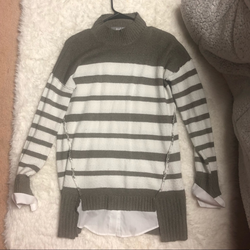 Brown&white striped sweater with undershirt look